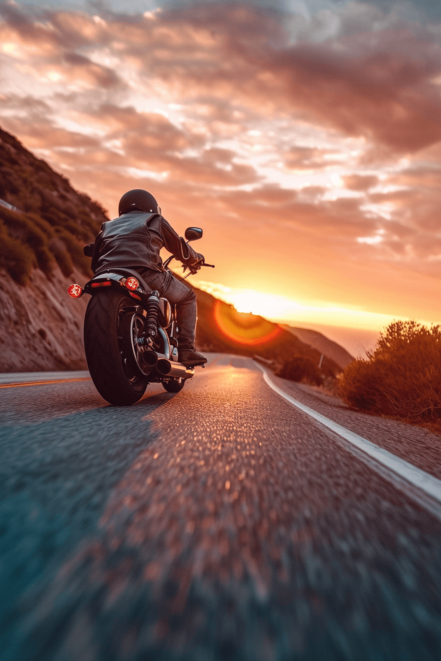 AI generated: picture ultra realistic biker on a harley davidson motorcycle on the road 66 sunset side view --ar 4...
