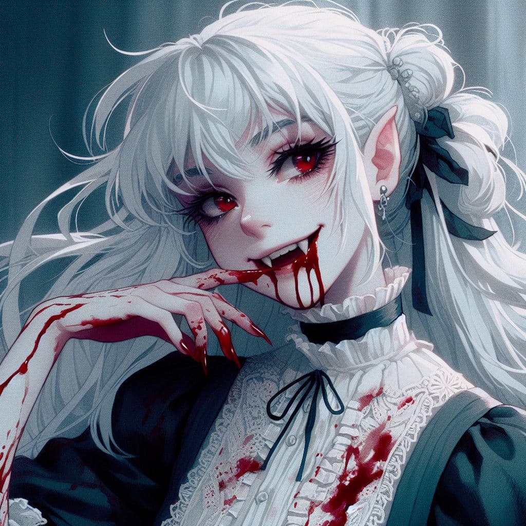 AI generated:  Vampire girl with white hair, blood on her lips, smiling, wearing a dress form eighteen century, a ...