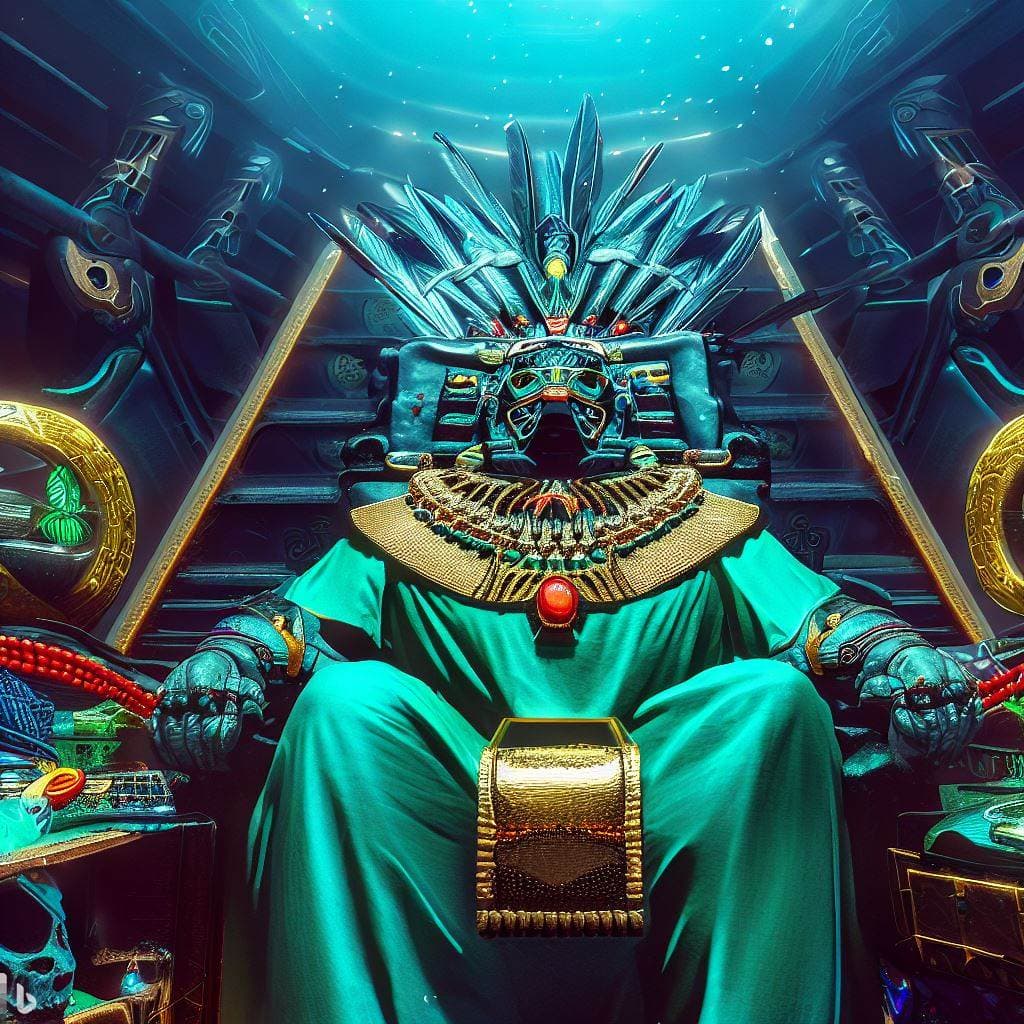 AI generated: sci-fi futuristic aztec king wearing jade mask and big penacho sitting on his throne, wearing jewler...