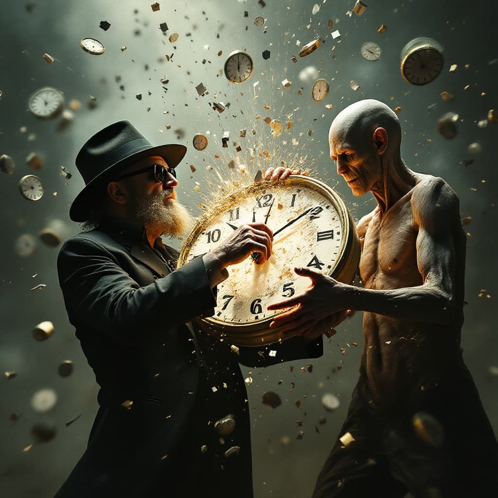 AI generated: Two men holding a clock together, crushing it with their hands as it shatters into pieces. One man r...