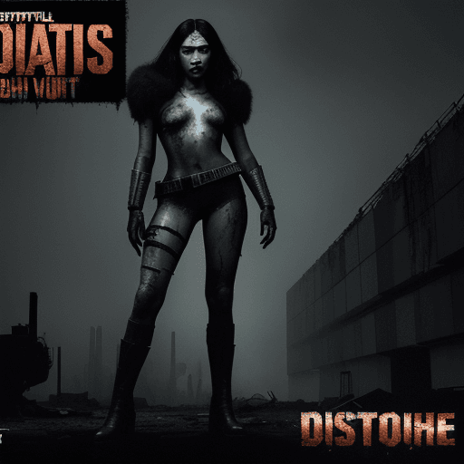 AI generated: High contrast artwork, brutalism, a girl in post-apocalyptic world. Dystopian spaceship in the backg...