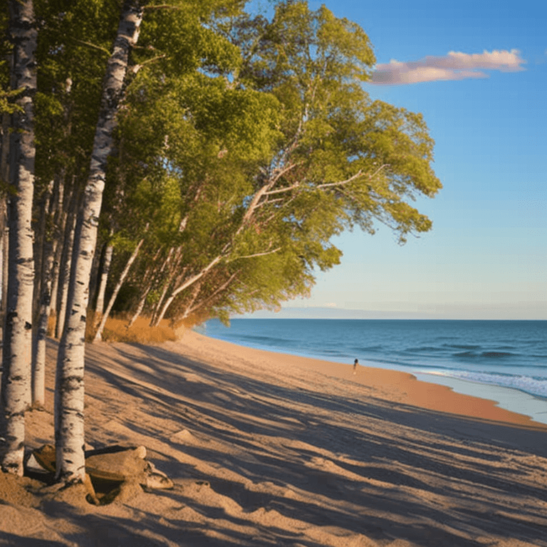 AI generated: oil on canvas, small clouds, beach, birch, beautiful setting, early evening, foreground, octane engi...