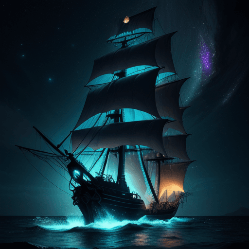 AI generated: (Pirate ship sailing into a bioluminescence sea with a galaxy in the sky), epic, 4k, ultra,
