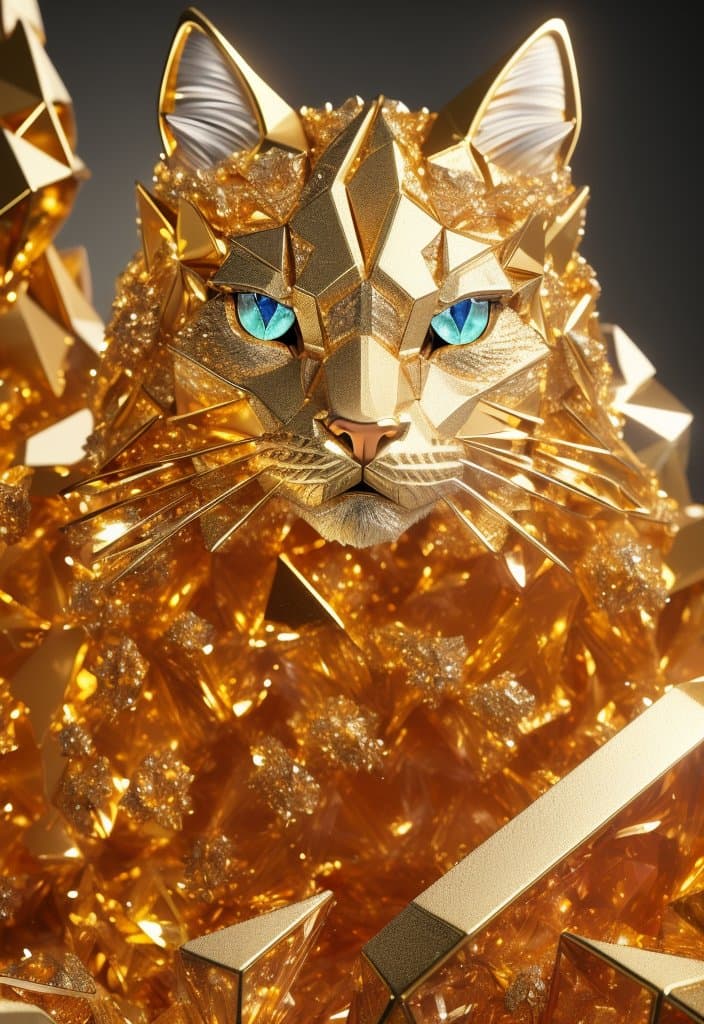 AI generated: a close up of a cat (made from a many gold cristal fragmrnts:1.2), (crystal cubism:1.2), a 3D render...