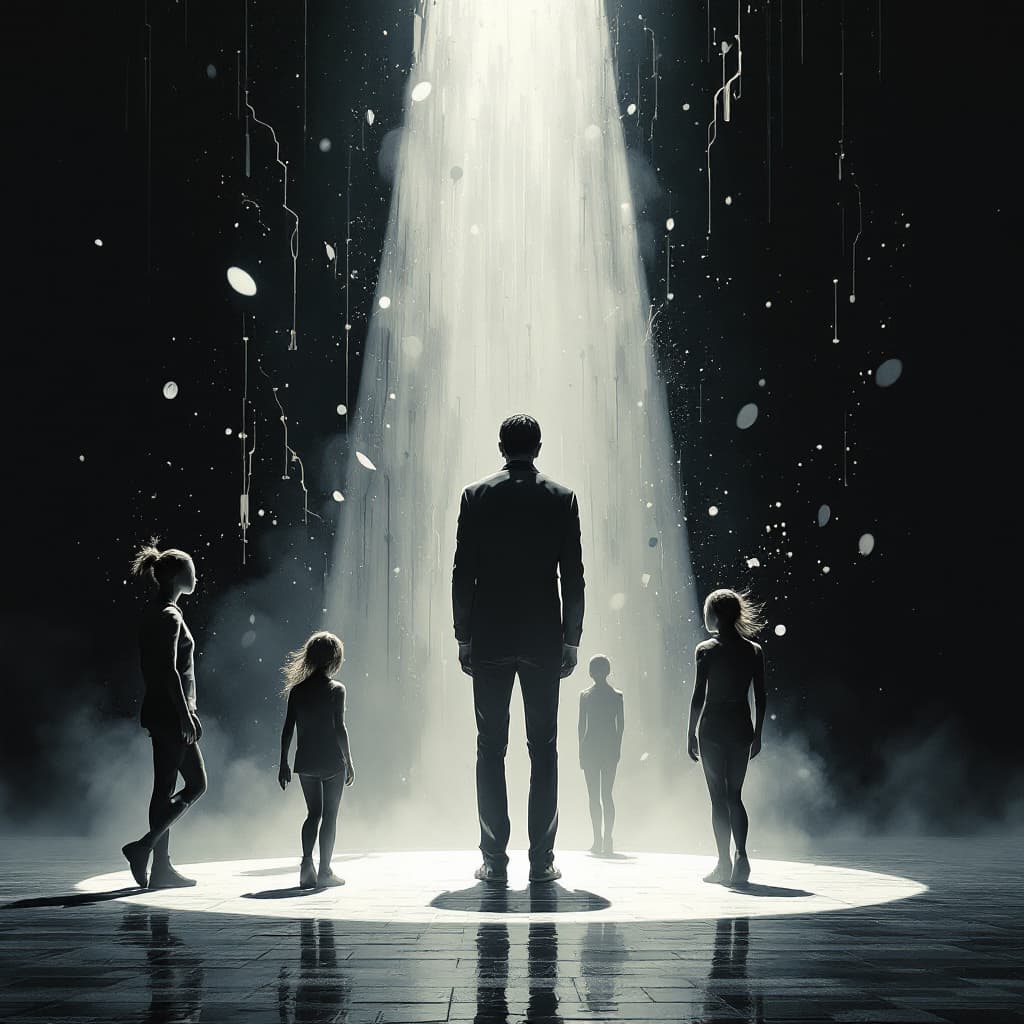 AI generated: One act of kindness Calm figure standing tall while loud abstract figures dissolve around them, spot...