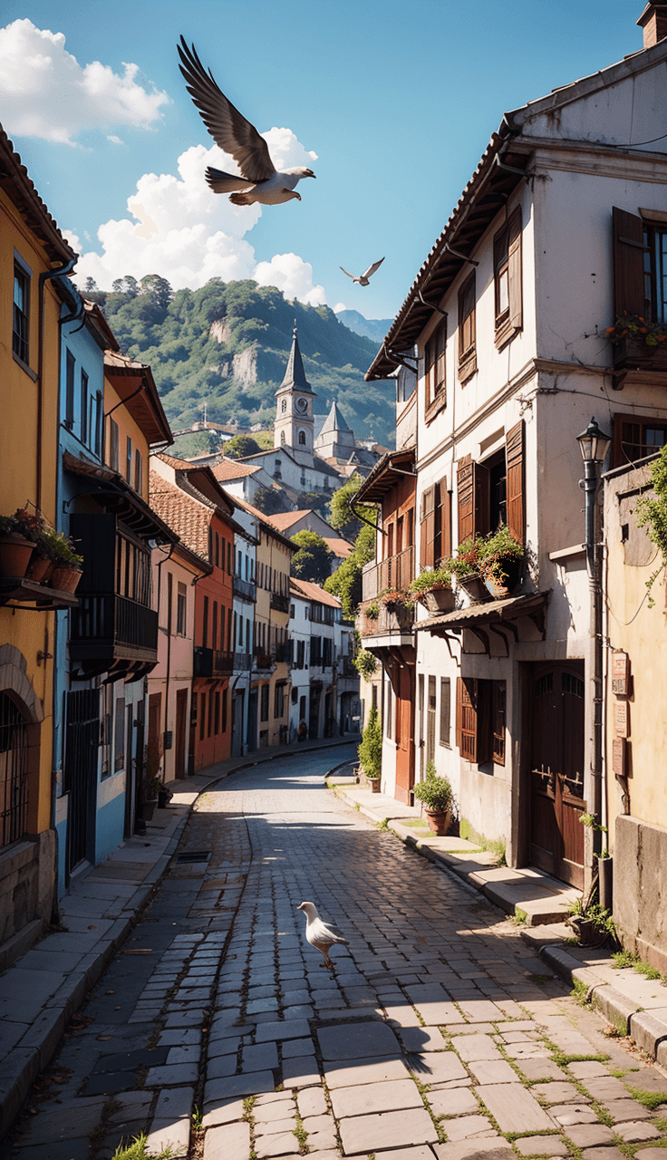 AI generated: Colombian town scene with flying dove, quaint setting, picturesque, colorful, intricate, highly deta...