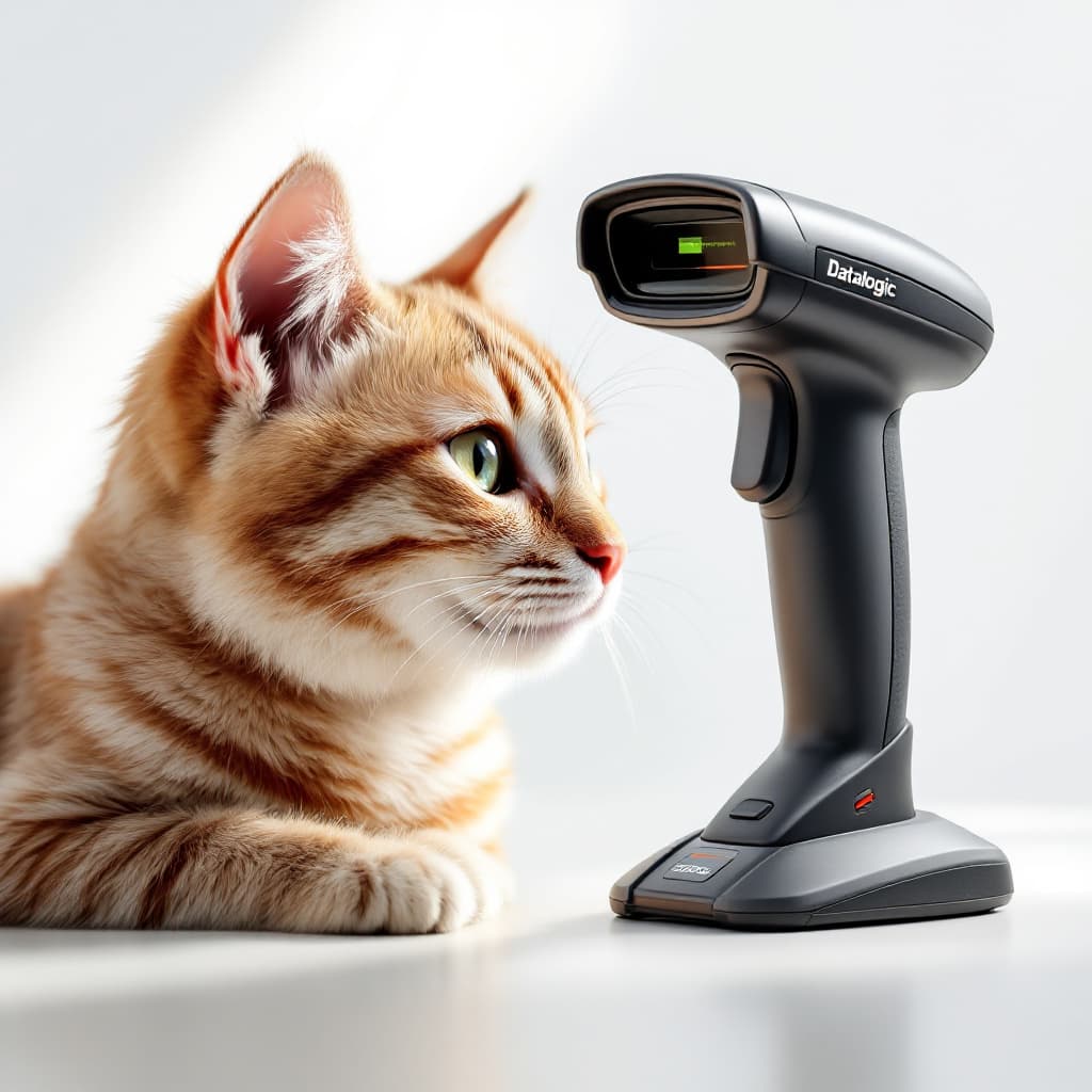 AI generated: ultra-realistic image of the Datalogic Magellan 1500i barcode scanner next to the morning cat side v...