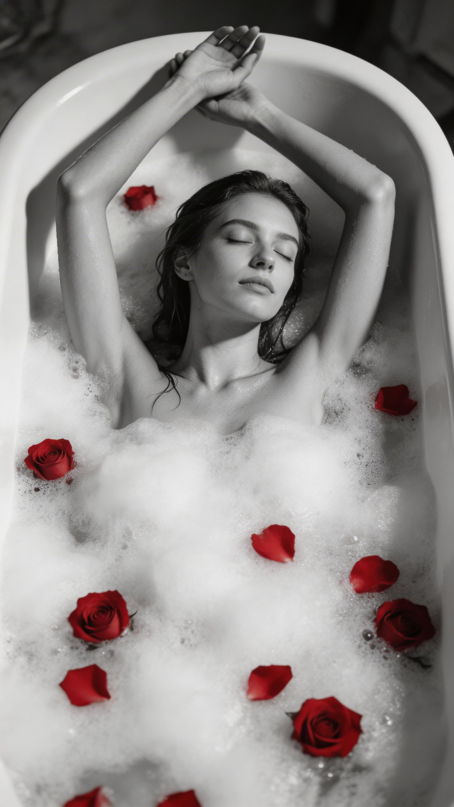 AI generated: A an extremely detailed, high-resolution, realistic, black and white photograph of a woman reclining...