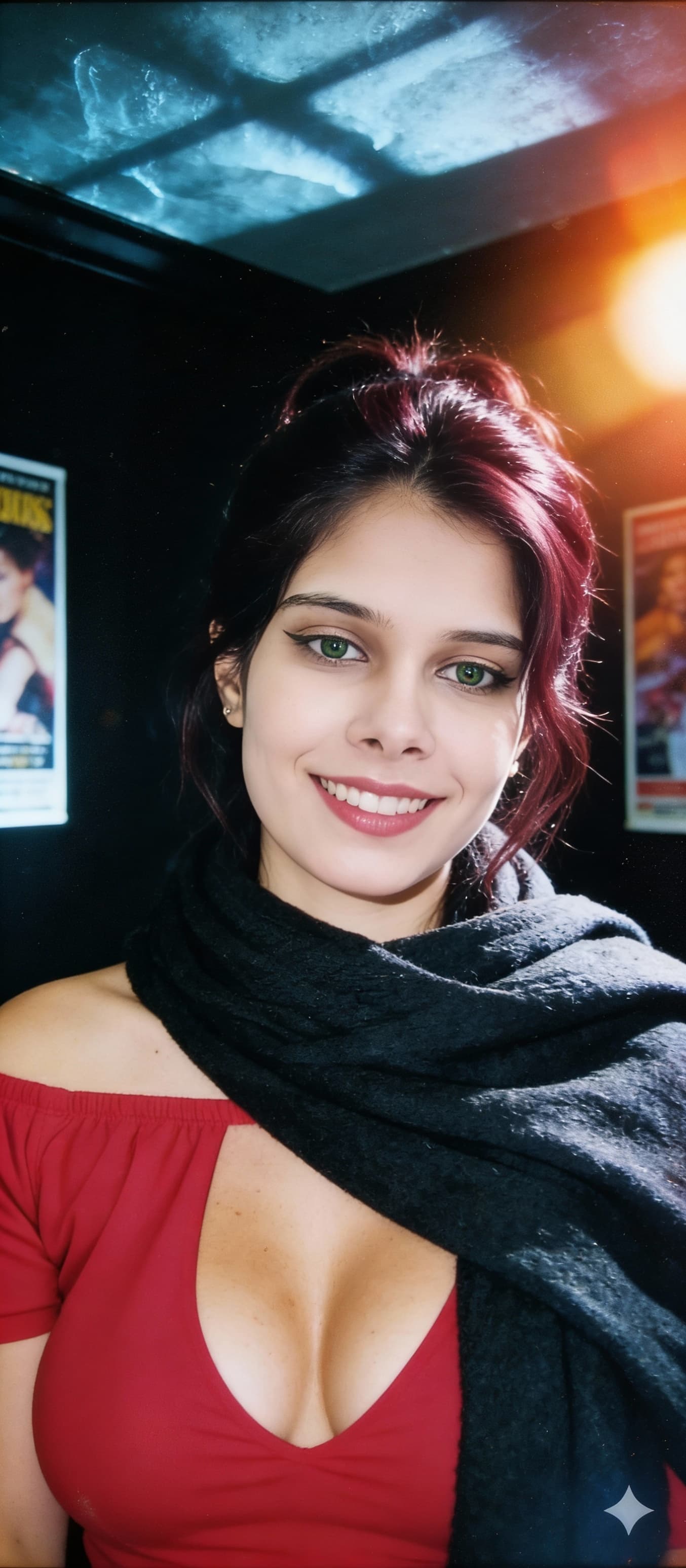 AI generated: A gritty 90s style flash photograph of a woman with pale skin and above average cup sizeand dark bur...