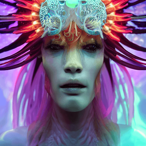 AI generated: goddess close-up portrait ribcagel. jellyfish phoenix head, nautilus, orchid, skull, betta fish, bio...