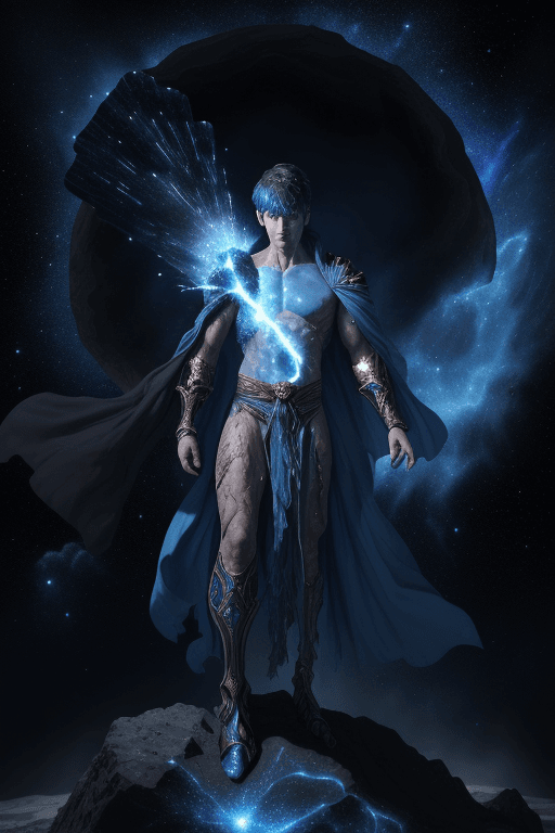 AI generated: Action shot of a male cosmic sorcerer dressed in torn blue robes standing on an asteroid with space ...