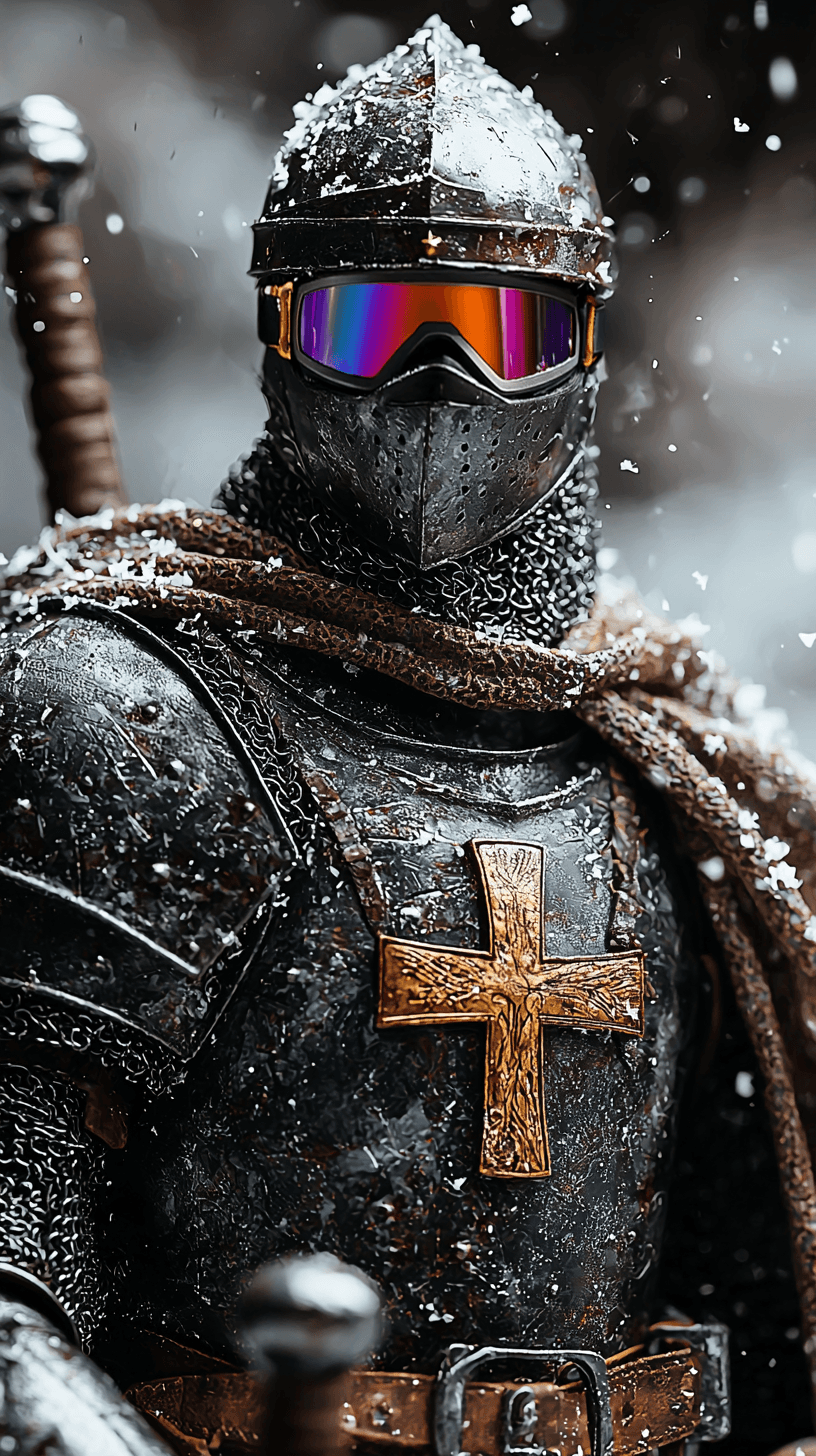AI generated: Medieval heavily armored knight in a helmet with rainbow-colored mirrored glasses, a cross on the ch...