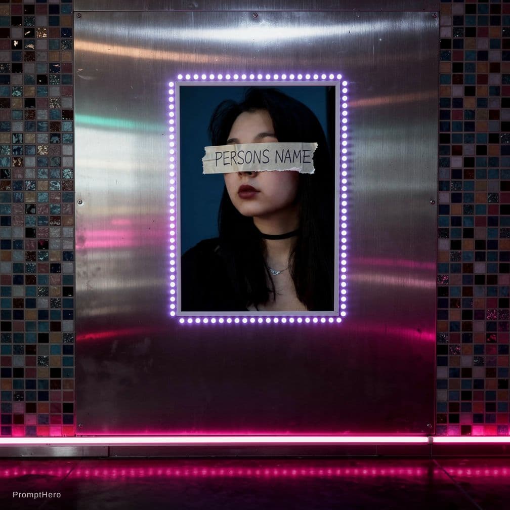 AI generated:  new scene in a dark lit room, [COLOR] neon lit, brushed tile steel panels room. Small [COLOR] tile ...