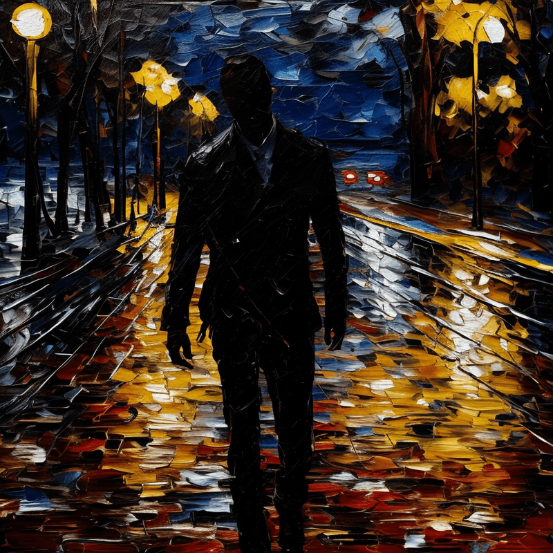 AI generated: mj, emotional oil painting of a male murderer silhouette on the street, style of van gogh, starry ni...