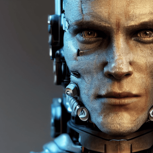 AI generated: face, half-mechanical, cyborg male warrior, looking at camera, dark lighting, sci-fi, hollywood styl...