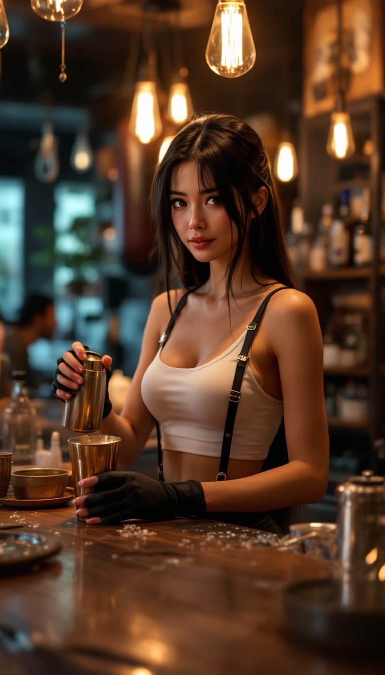 AI generated: A photorealistic candid shot of a strong, athletic, beautiful Japanese young woman bartender with lo...