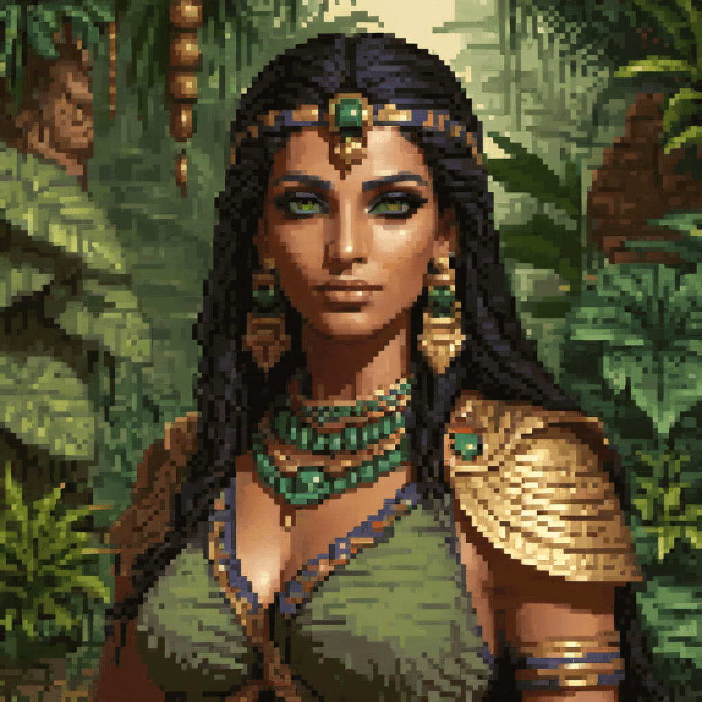 AI generated: 1 adult Egyptian woman, green eyes, black hair flaps, makeups , upper body, looking at viewer, detai...