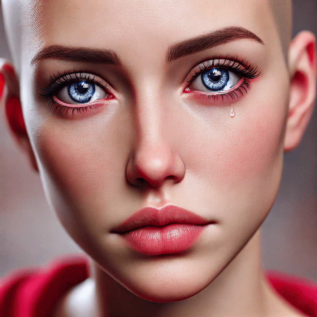 AI generated: hyper-realistic close-up image of a sad woman with blue eyes, fuller lips, and no hair.