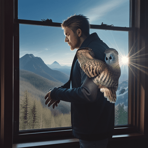 AI generated: owl man, window, plain, mountain, forest, sky, sun, bird, dragon, skull in hand.