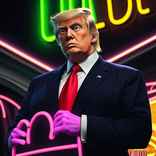 AI generated: President Donald Trump dressed in frog business suit, stares at the camera with a huge smile, points...