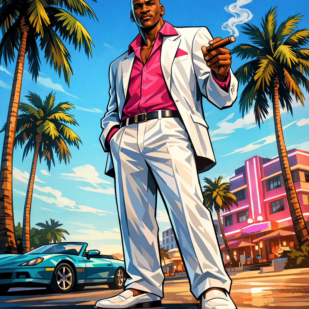 AI generated: Full-body illustration of Michael Jordan in a stylized 1980s Miami setting. He's wearing a pink wide...