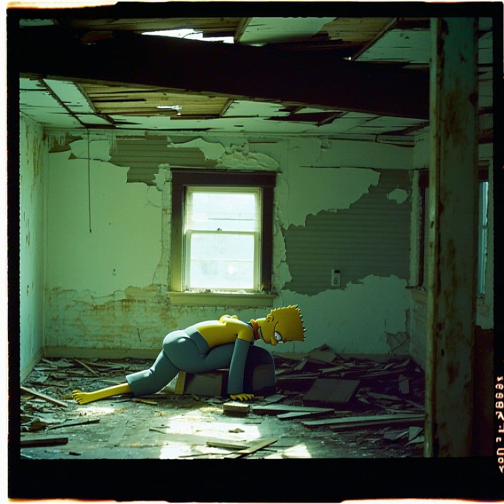 AI generated: grainy 80's photograph quality polaroid of bart simpson suicide caught in an abandoned house, dark
