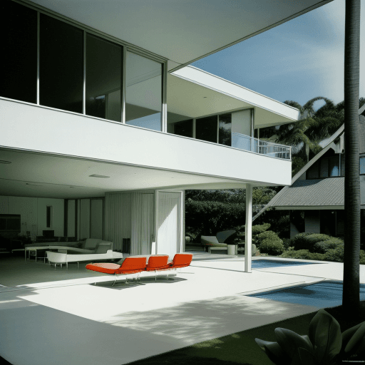 AI generated: Hyper realistic eye level exterior photo of a mid century modern style house overlooking the ocean, ...