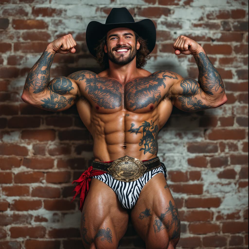 AI generated: Full body image, young Cowboy, muscular, heavily tattooed, chiseled face, chiseled jawline, brown cu...