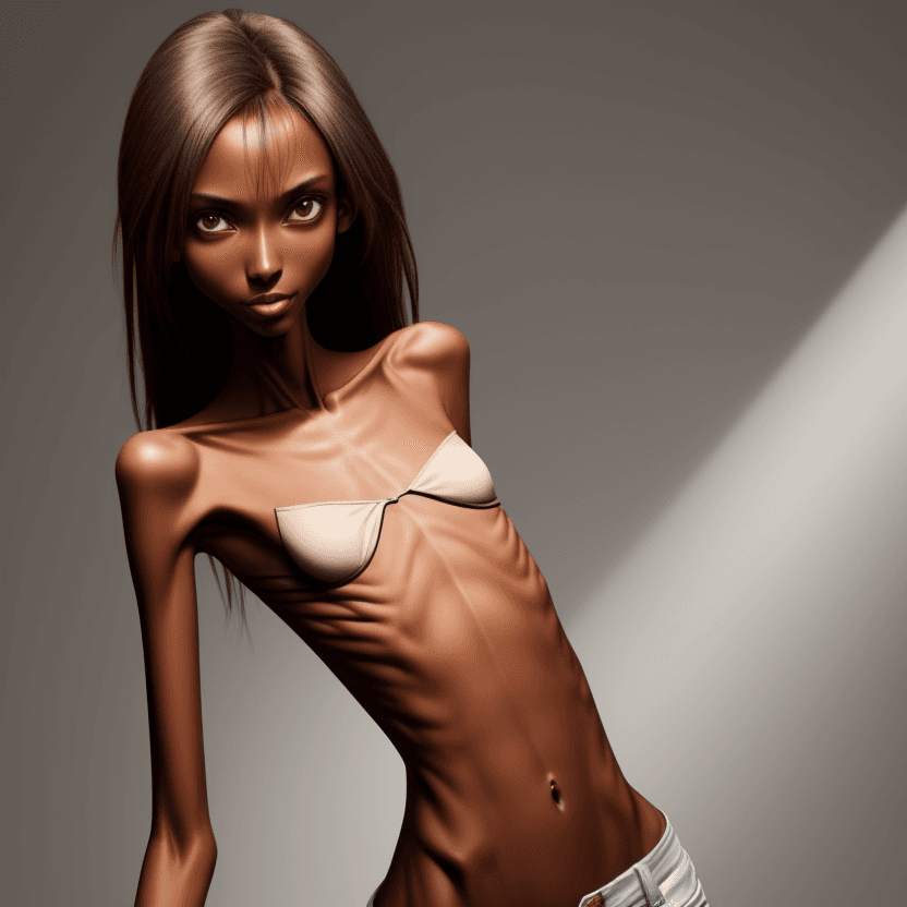 AI generated: extreme beautiful skinny brown skinned  slender face of skinny (almost anorexic) girl without a bra
