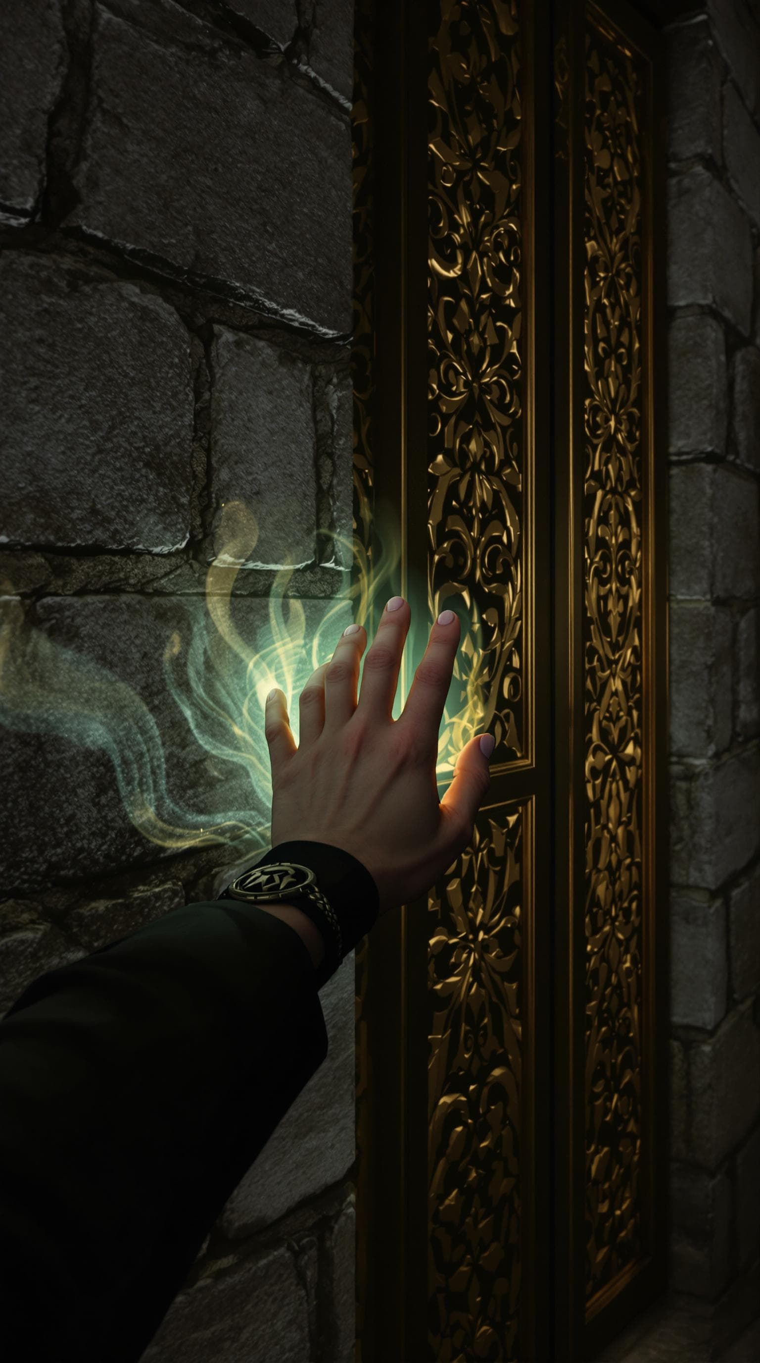 AI generated: First-person POV, Loki’s hand presses against the cold stone of Asgard’s vault walls, the rough surf...