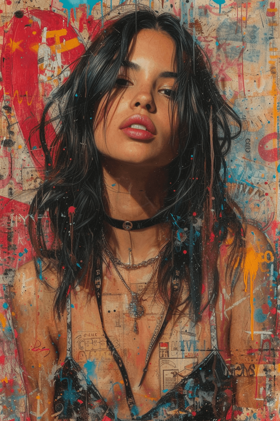 AI generated: a painting of a woman with graffiti on it, in the style of patrick demarchelier, mixed media marvel,...