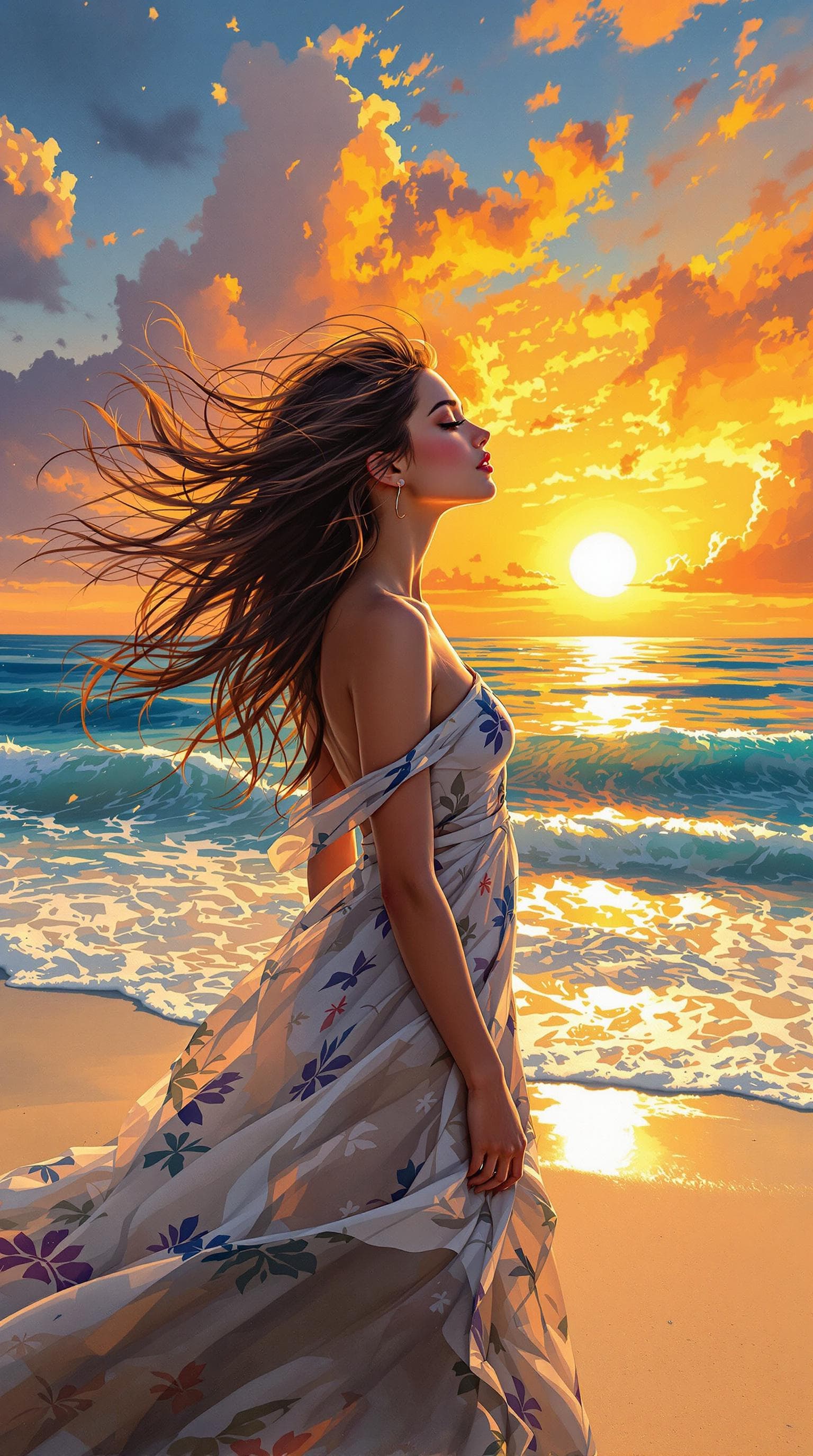 AI generated: a painting of a girl standing on the beach with her hair blowing in the wind and a sunset behind her...