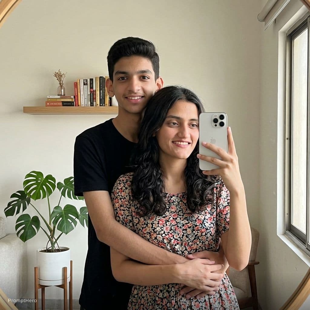 AI generated: A happy young couple standing indoors, taking a mirror selfie together. The man is standing behind t...