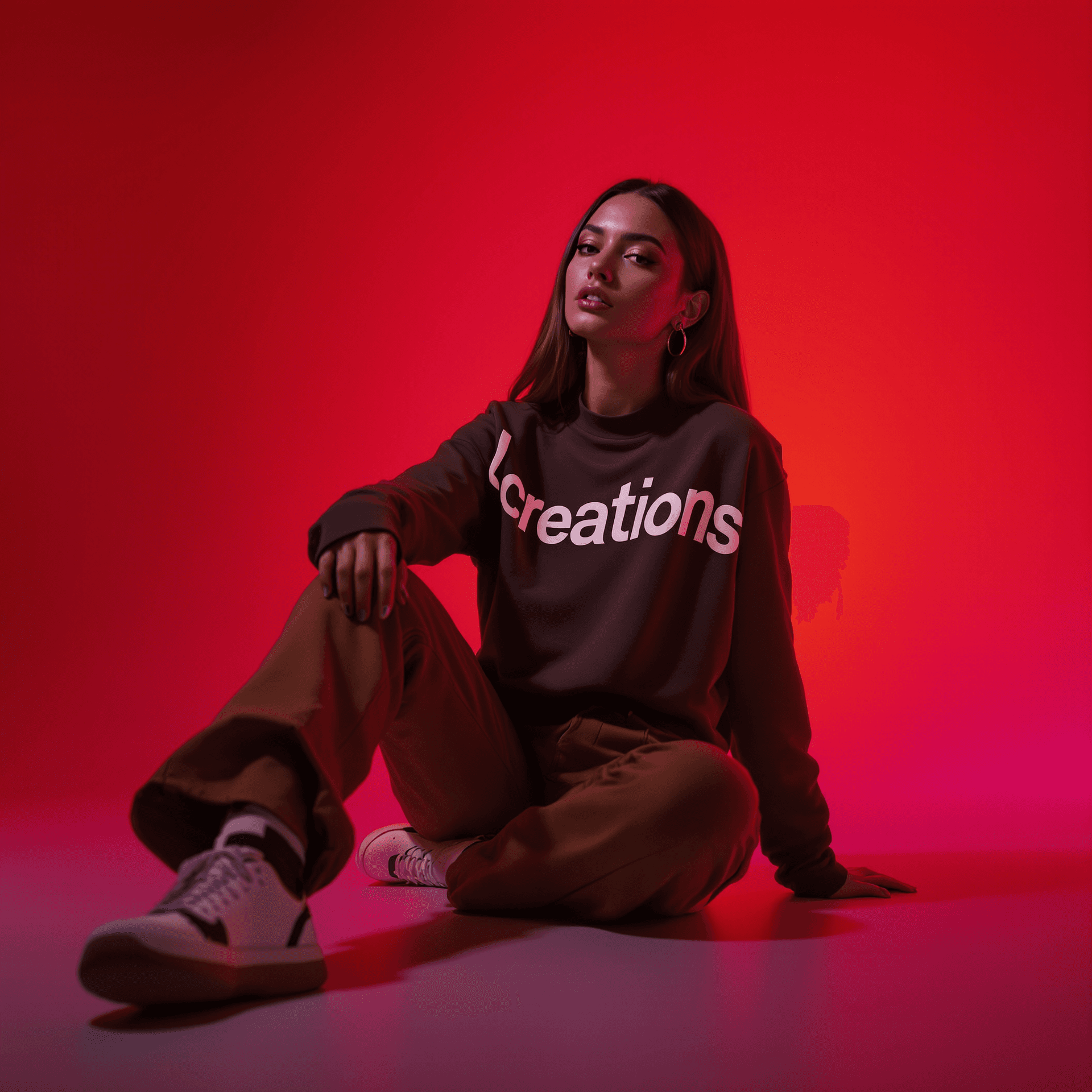AI generated: wide and low angle, cinematic, fashion photography for the brand Dreamshot. Woman sitting on floor w...