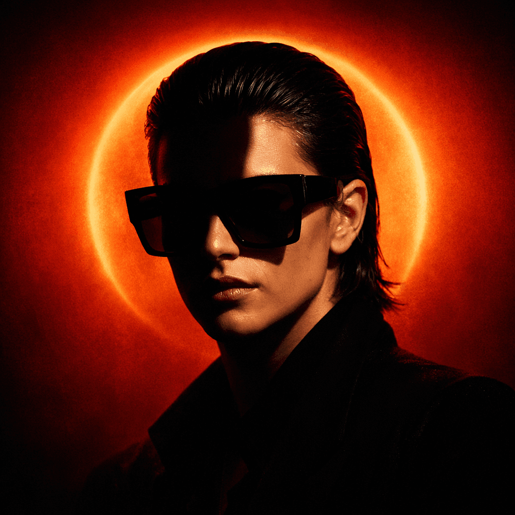 AI generated: A person with slicked-back dark hair wearing oversized square sunglasses is shown in a dramatic, cin...