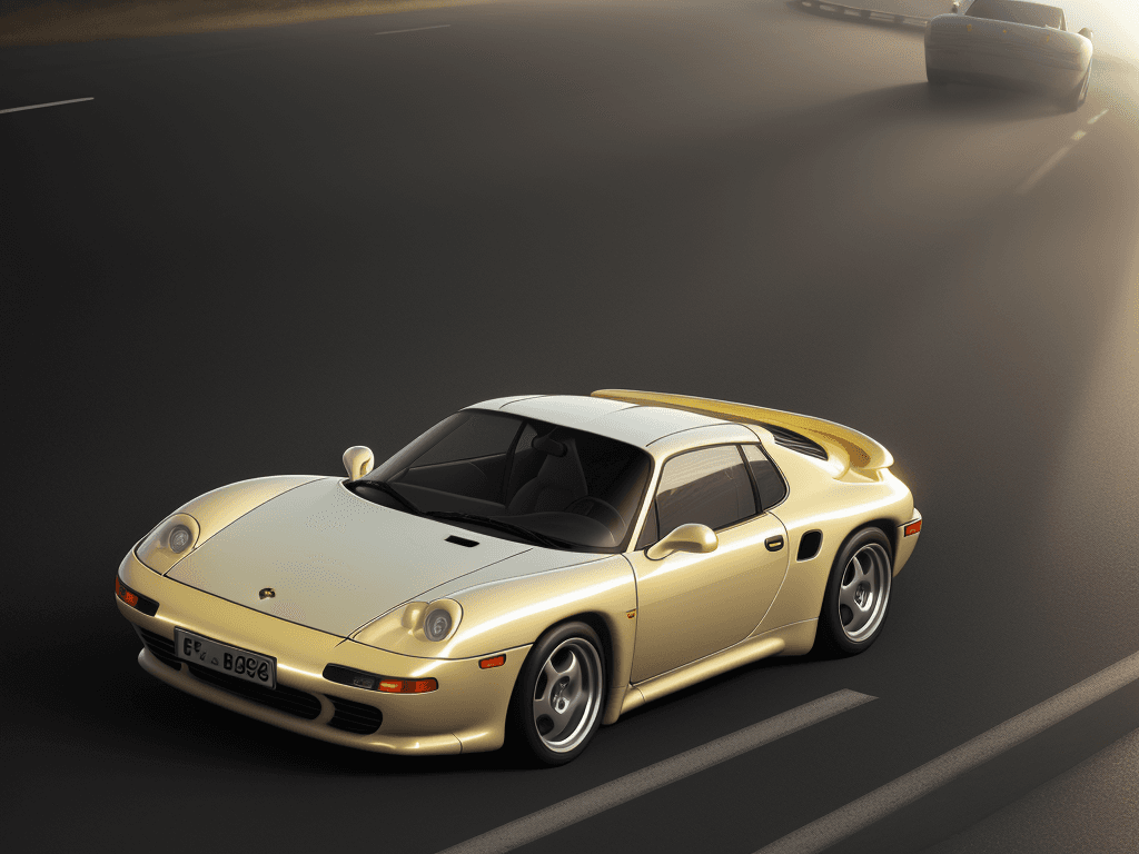 AI generated: Pale yellow porsche 928, 8k octane render, morning light, floating above road