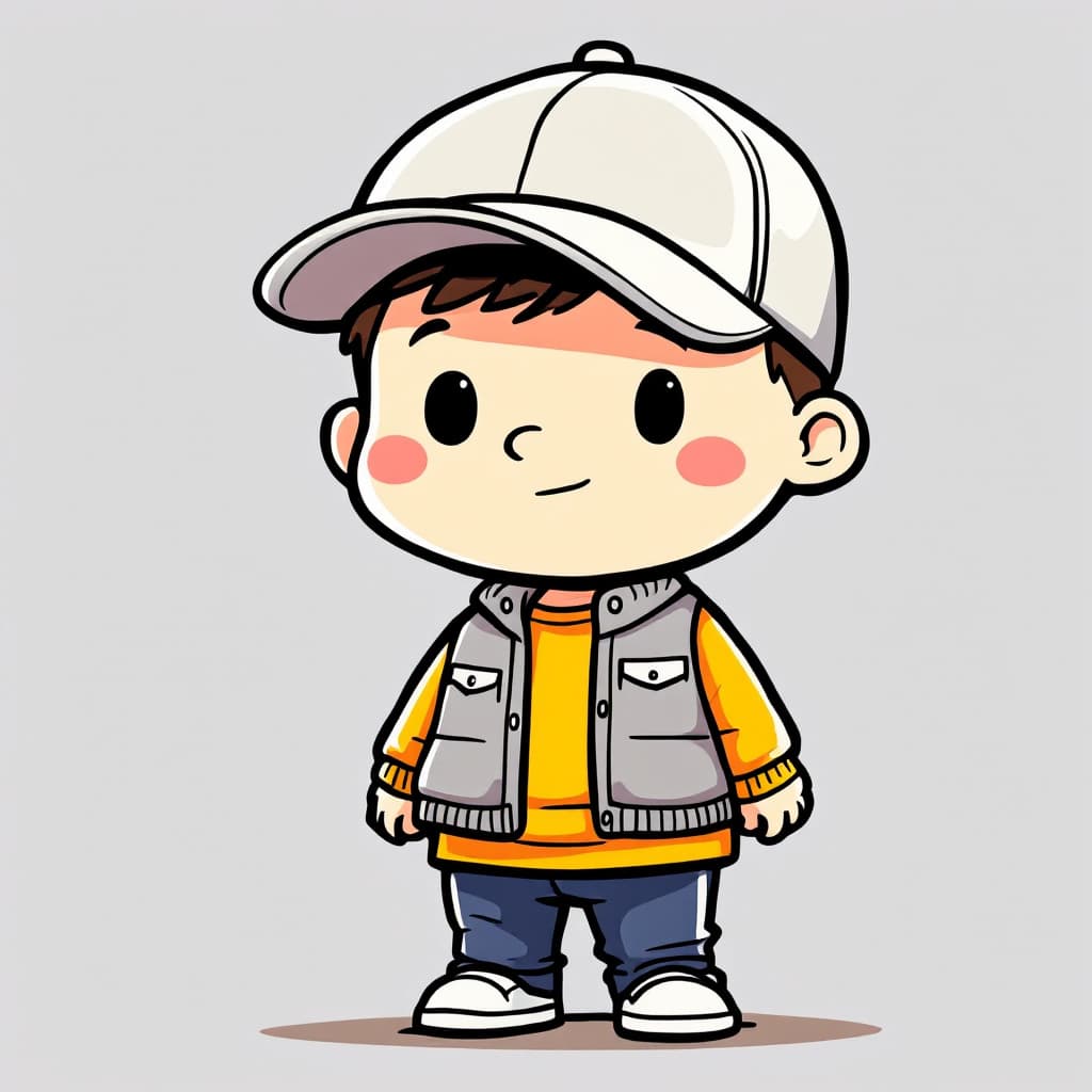 AI generated: A stylized cartoon boy character, wearing a light gray baseball cap facing forward, a yellow long-sl...