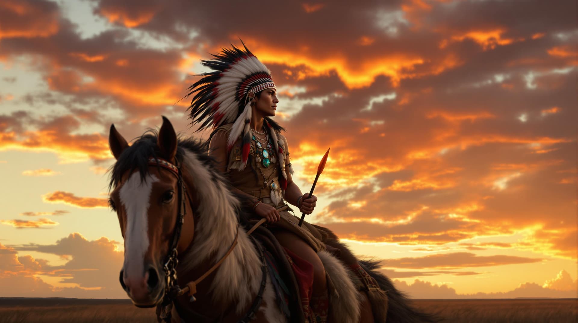 AI generated: a Native American Indian chief on horse, wearing traditional clothing and headdress, holding a spear...