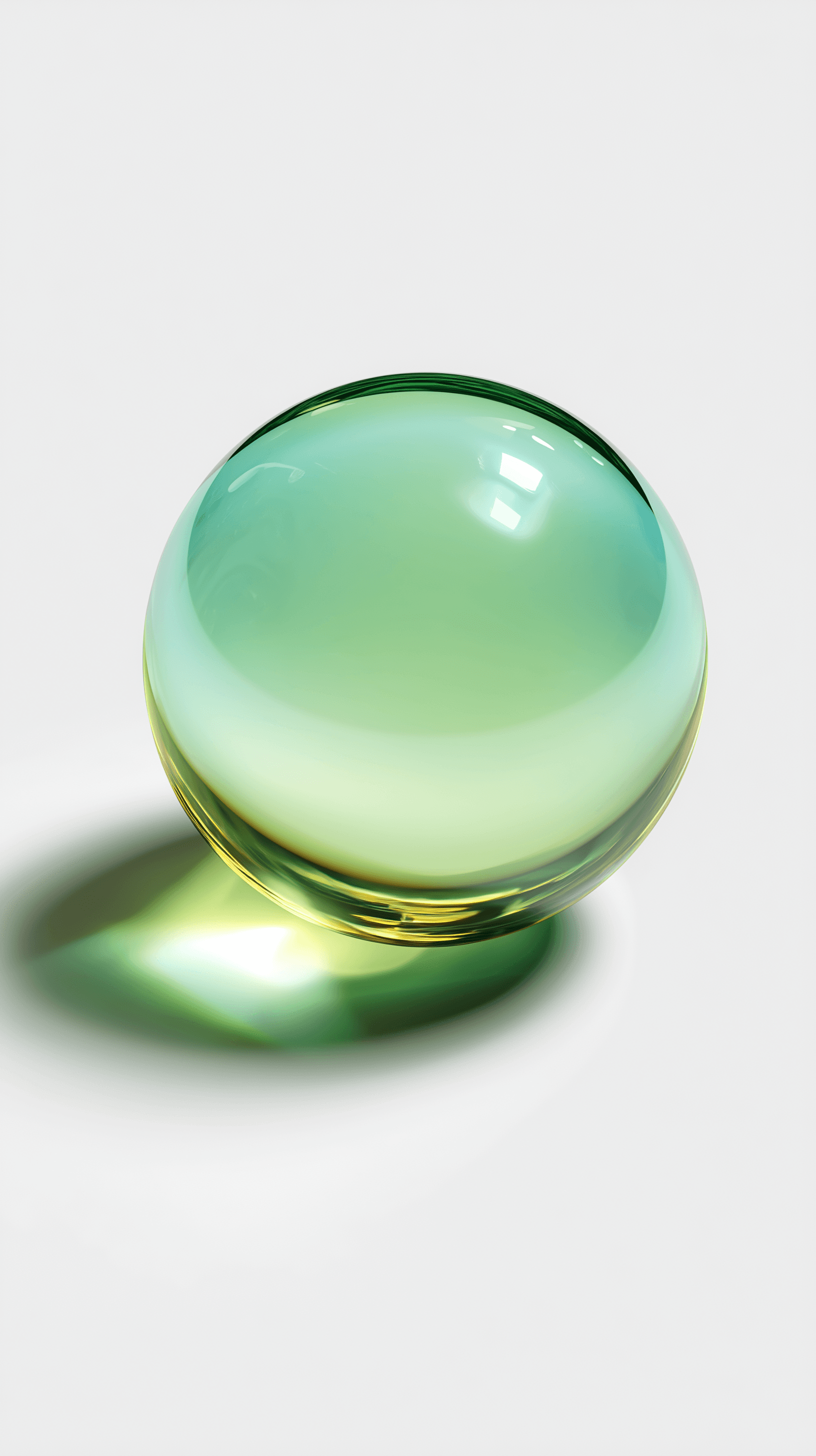AI generated: realistic, close-up, front shot, transparent gradient green glass sphere, standing upright and perfe...