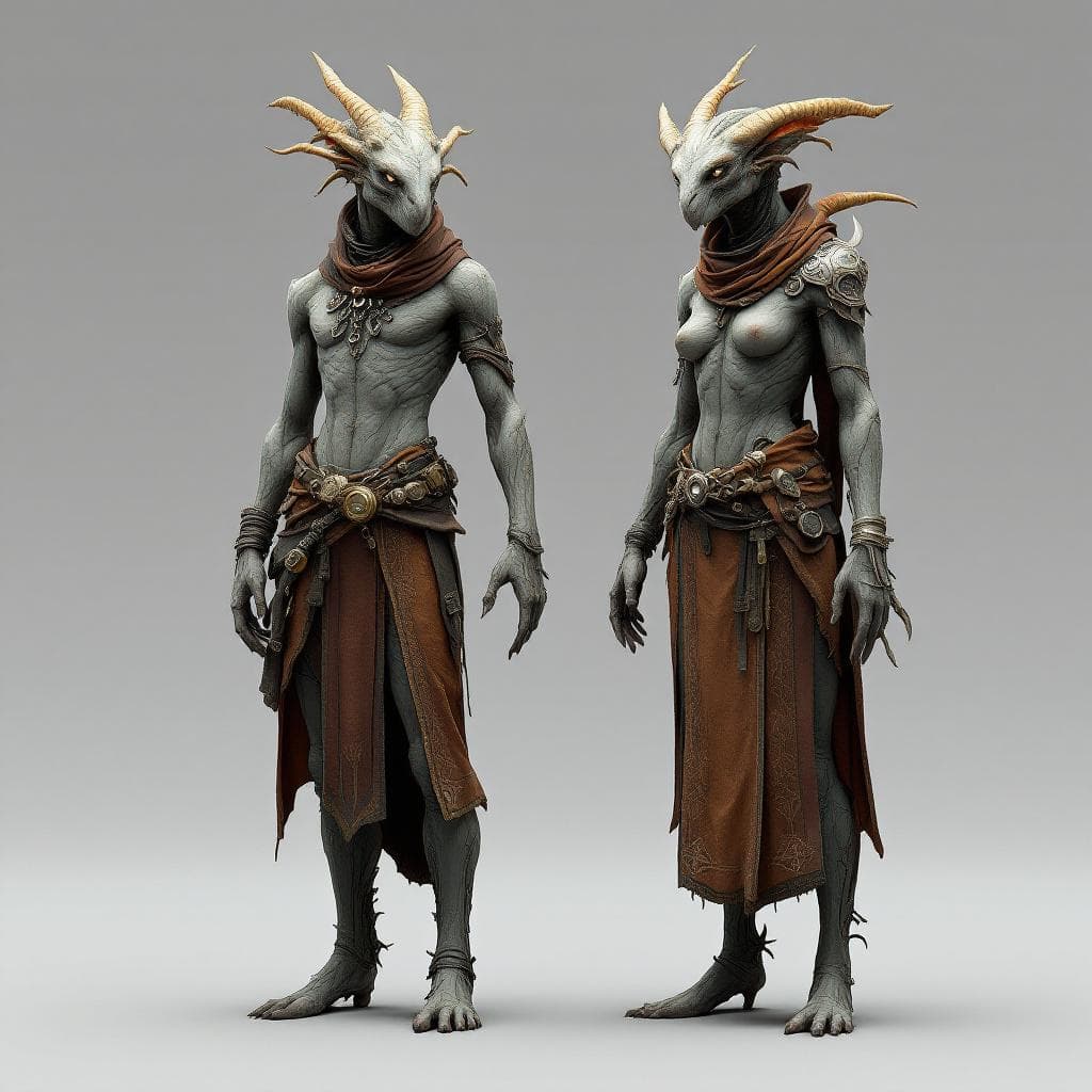 AI generated: Create unique, fleshly, organic, human-like species, Male and Female, that match this description. D...