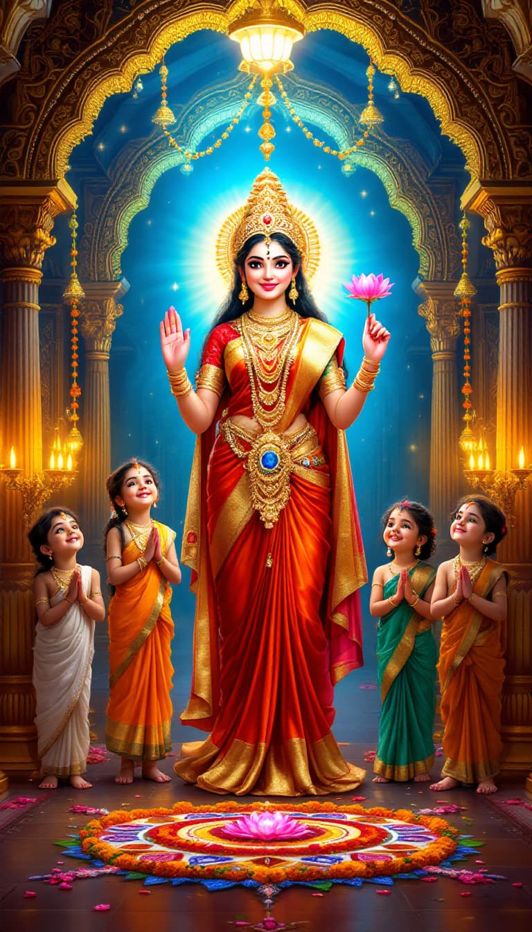 AI generated: "A divine, ultra-HD 8K digital painting of a young Goddess Lakshmi in a beautifully decorated temple...