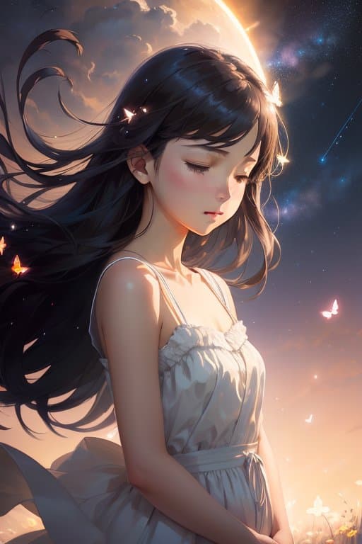 AI generated: a portrait of a cute girl with a luminous dress, eyes shut, mouth closed, long hair, wind, sky, clou...