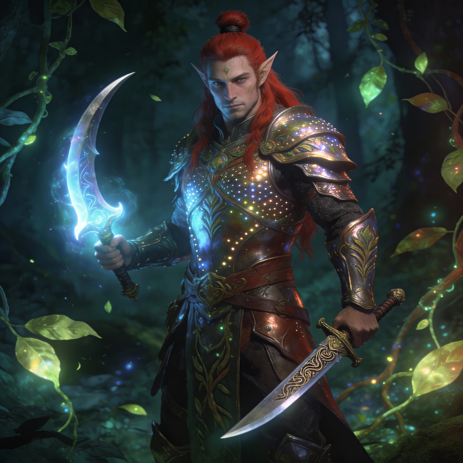AI generated: male wood elf paladin, long red hair in a topknot, wearing shimmering studded leather armor, wieldin...
