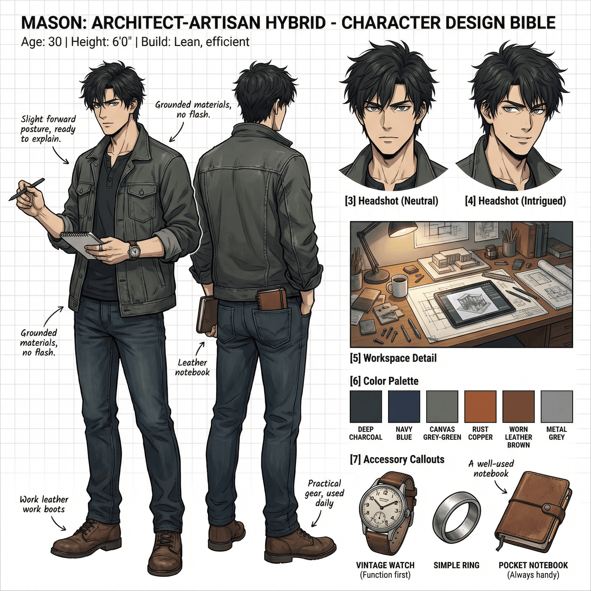 AI generated: Create a complete anime-style character bible for "Mason" — Architect-Artisan Hybrid.

=== PHYSICAL ...