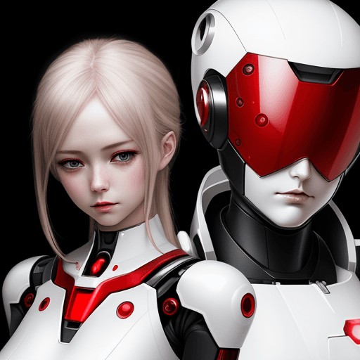 AI generated: white and red android woman and the robot, in the style of anime art, realistic, emotive portraits -...
