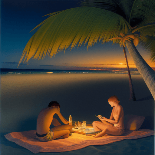 AI generated: a scene of a warm summer night, on the beach of a pacific island, 4k, high resolution, art style by ...