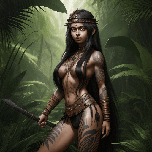 AI generated: young warrior queen in a jungle, black long hair, brown big eyes, masterpice of bodytatoos, 8k 