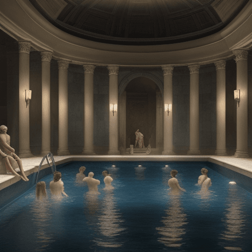 AI generated: interior of roman bathhouse, high fantasy, night, pool, marble, realistic, men and women bathing, hd...
