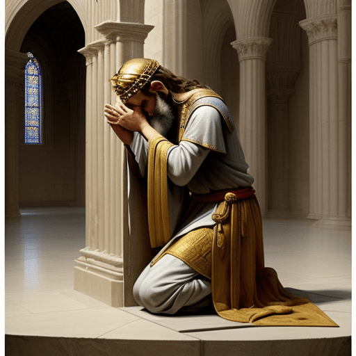 AI generated: King David of Israel in a posture of deep humility: kneeling and bowed. His head is bowed in reveren...