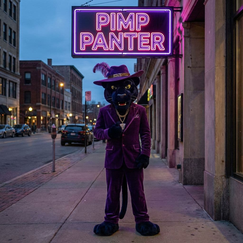 AI generated: full body image of a pimp panther with the text 'PIMP PANTER